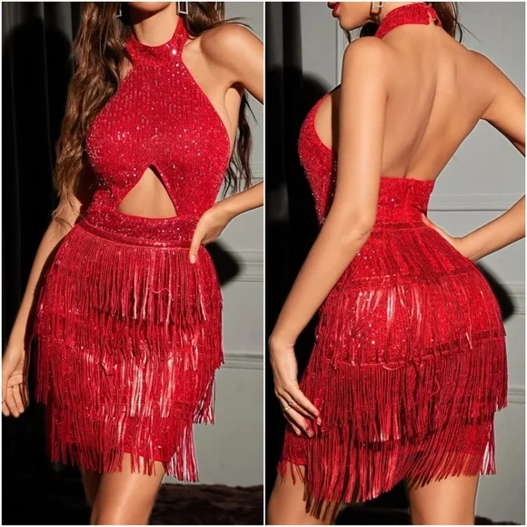 Luxe champagne Sequin Fringe Sexy Bodycon Evening Party halter Dress - Picture 4 of 8